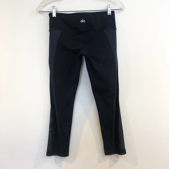 Alo Yoga Black Mesh Shine Mid Rise Cropped Compression Athletic Leggings XS - Picture 4 of 8